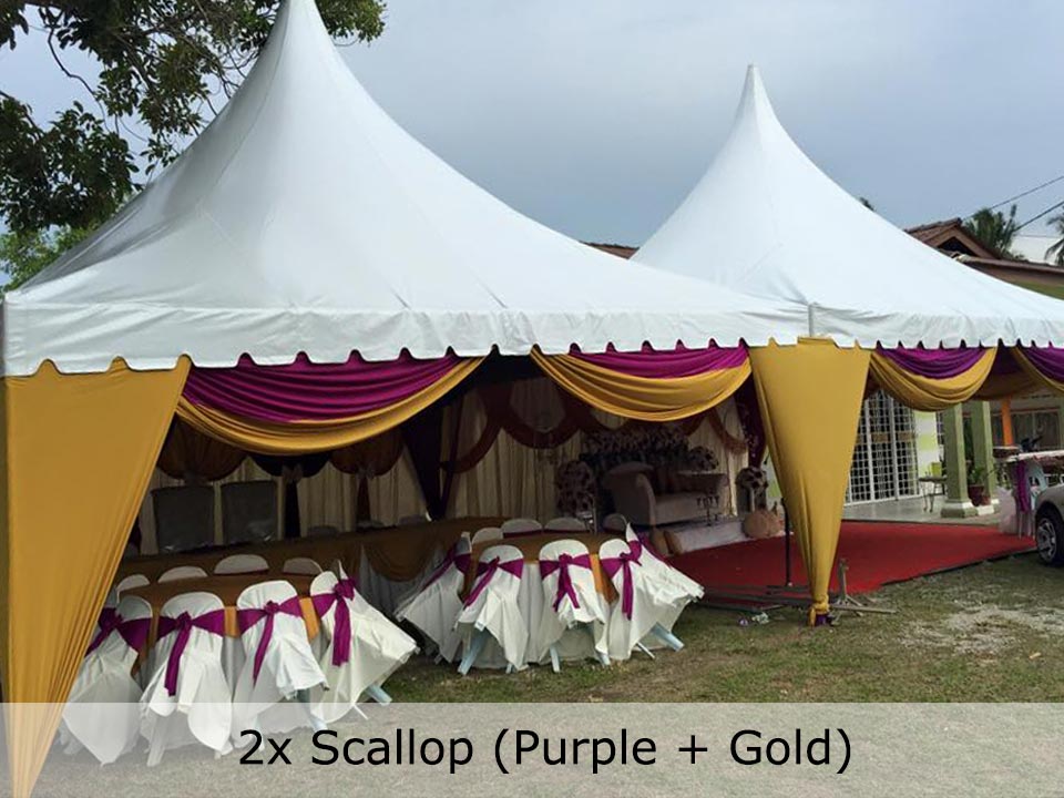 Two colour purple and gold scallops fitted to a canopy