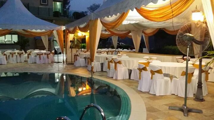 Poolside canopy setup