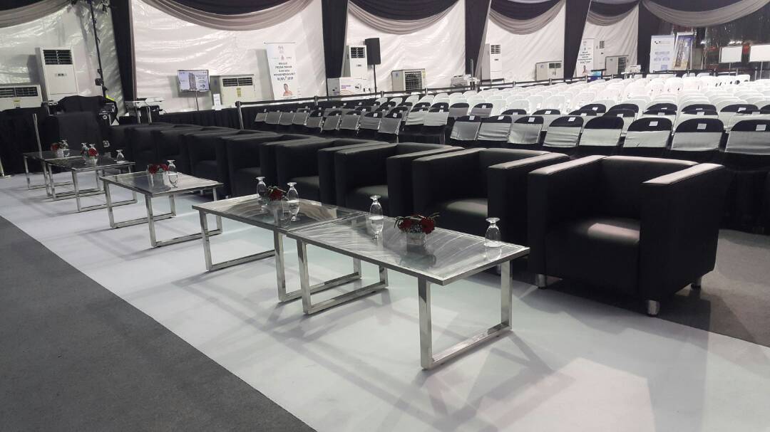 Coffee table set up in an event lounge corner